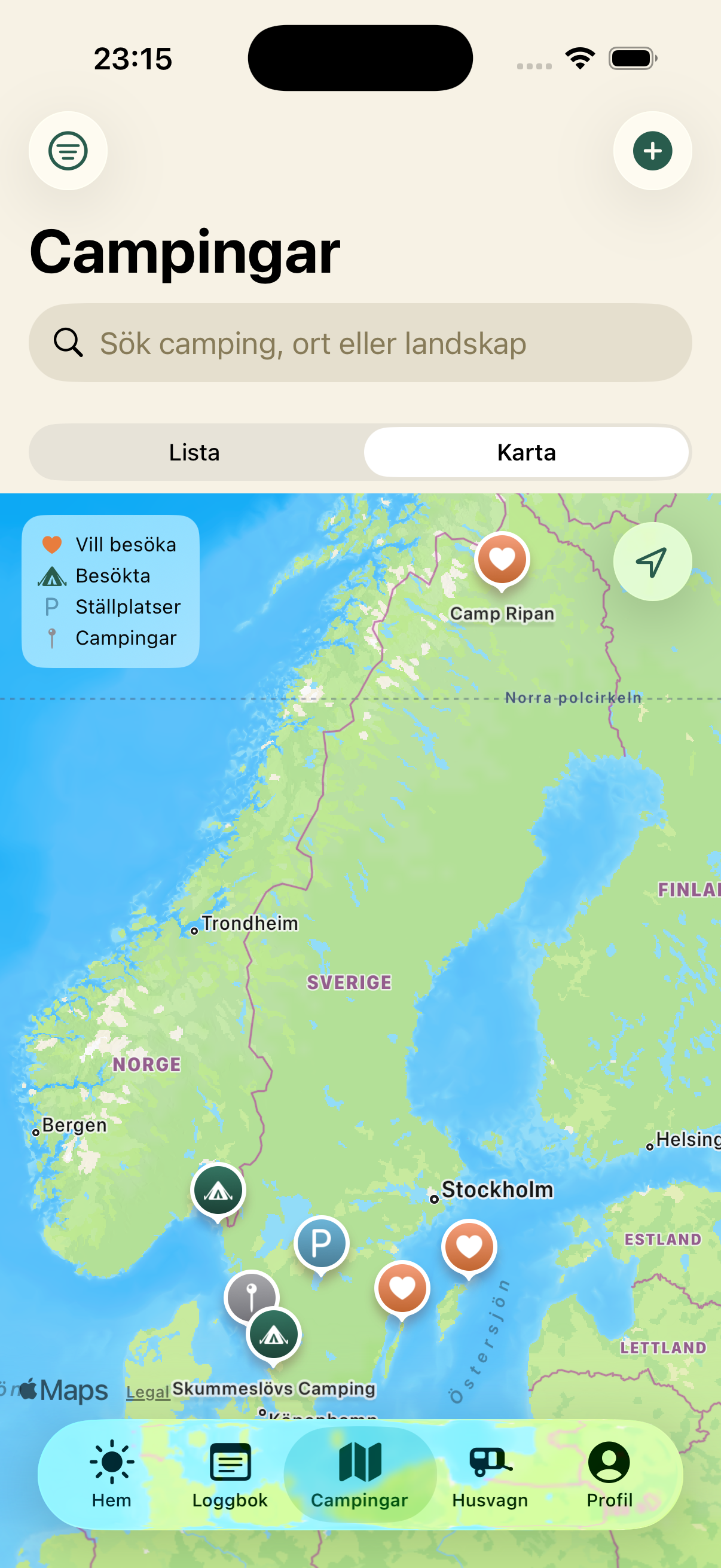 Kartan – campingar och ställplatser i hela landet